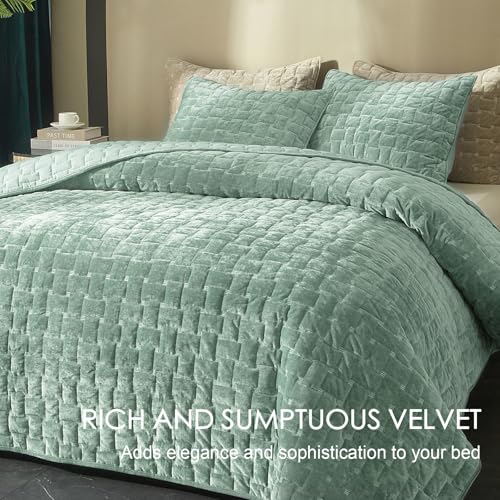 Powdion Velvet Quilt Queen Size, Oversized Bedspread Coverlet Quilted Bedding Set, Full Lightweight Velvet Comforter Set Luxury Coverlet Set for All Season with 2 Pillow Shams, Aqua Green