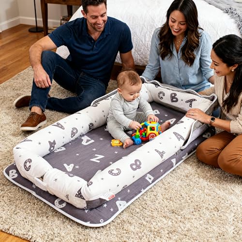 Image of Baby Lounger for Newborn Portable Bag,Baby Nest Play Gym mat with Strap,Newborn Lounger Adjustable Size & Inner Zipper Lengthen Space to 24 Months(Letter Gray)