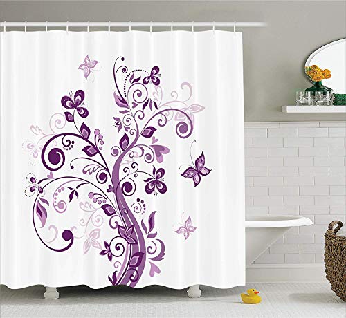 Décor mauve rideau de douche arbre avec des branches tourbillonnantes et des feuilles de fleurs papillon inspirations nuptiales Thème Tissu Décor de salle de bains Set avec crochets 180cm violet blanc Cover