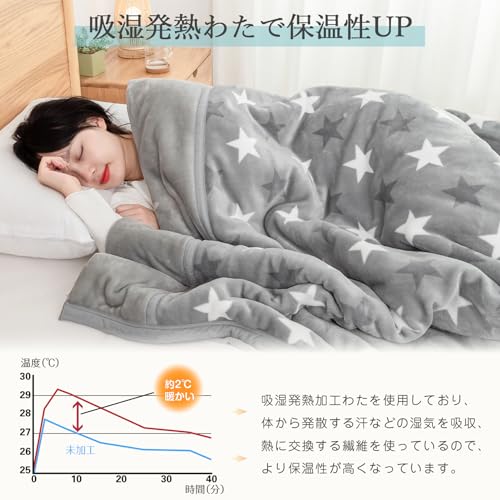 VK Living 毛布 二枚合わせ シングル 【至極の暖かさと肌触り】 あったか 厚手 掛け毛布 襟付き オールシーズン適用 吸湿発熱 ふわふわ フランネル 扁平糸 ブランケット 静電防止 丸洗いOK 140x200cm スター柄グレー [3]
