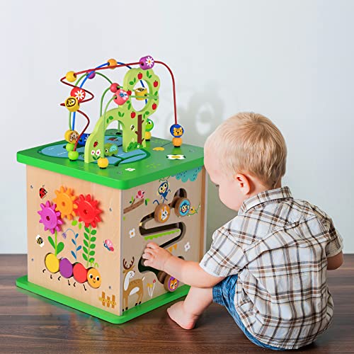 Tookyland 5 In 1 Activity Center,Wooden Large Activity Play Cube 23"X13.5"X13.5",Wooden Learning Puzzle Toy For Toddlers, With Animal Friends, Shapes, Mazes, Shape Sorter #TOP23