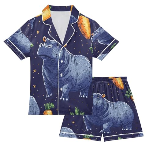 Satin Pajama Sets Short Sleeve Hippo Carrots Night Sky Button Down Silky Nightwear 2 Piece PJS 5-14Y