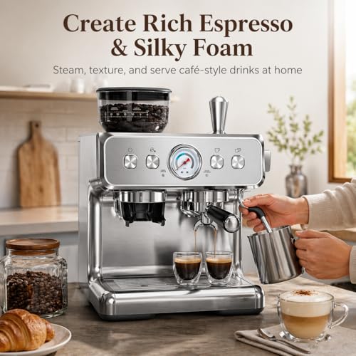 Image of Kismile Espresso Machine with Grinder, 20 Bar Expresso Coffee Machines with Milk Frother, 58mm Expresso Machines for Home, Perfect for Cappuccino & Latte, Stainless Steel(2026 Upgrade)