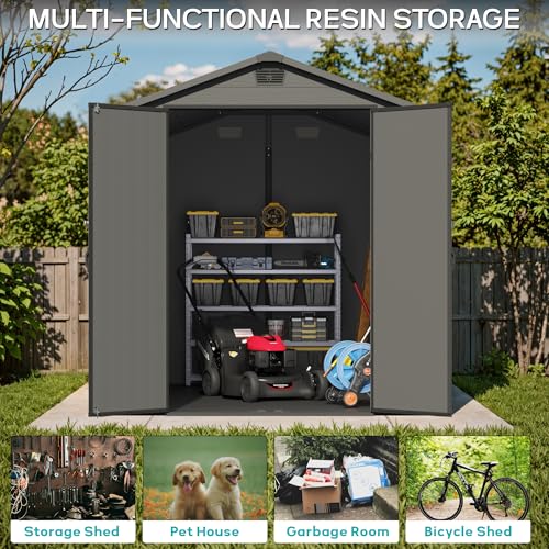 Image of Greesum 6x10FT Plastic Storage Shed with Floor, Resin Outdoor Storaged Sheds with Lockable Double Door, Window and Vents, All-Weather Tool Sheds for Garden, Patio, Backyard, Dark Gray