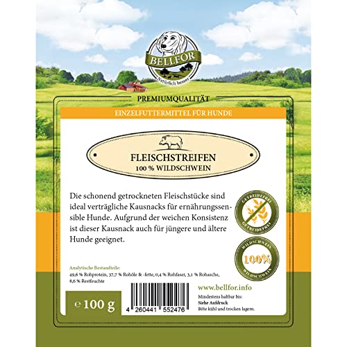 Bellfor Fleischstreifen Wildschwein Gesunder Hundesnack - 100 g. Wildschweinfleisch aus regionaler Herkunft – getreidefreier Kauartikel für Hunde, ganz ohne Zusatzstoffe.