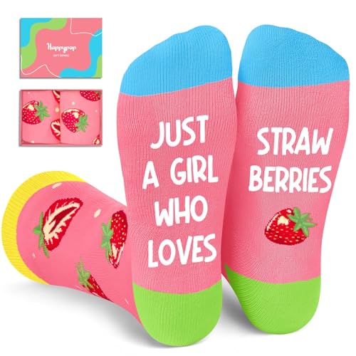 HAPPYPOP Strawberry Gifts for Women - Heart Fruit Socks, Funny Socks for Strawberry Lovers, Valentine's Day Fruit Gifts