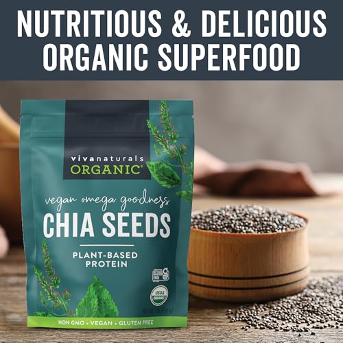 Viva Naturals Organic Chia Seeds, 1 lb, 16 Oz – Plant-Based Omega-3 and Vegan Protein, Gluten Free & Non-GMO, Perfect for Smoothies, Salads & Chia Pudding