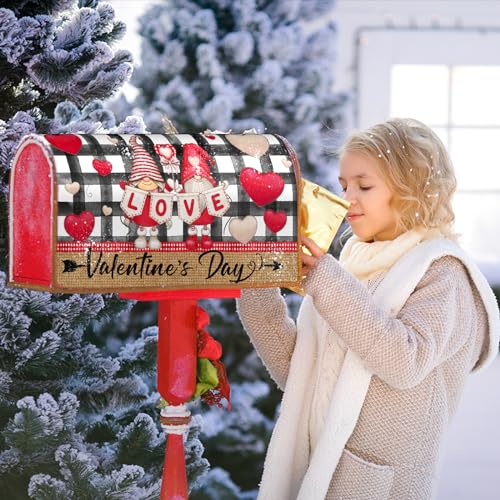 Image of Happy Valentine's Day Mailbox Cover Magnetic Standard Size 18 inch X 21 inch Love Heart Black White Plaid Decorative Mailbox Covers Ventine's Gnomes Decor Mailbox Post Letter Box Cover for Outdoor Decor