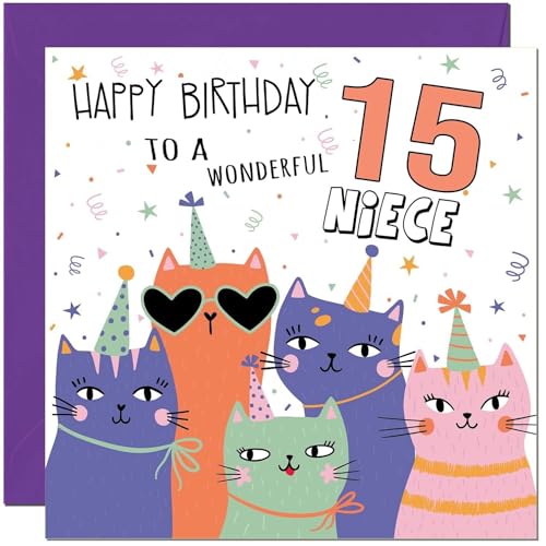 15th Niece Birthday Cards - Childrens Cute Cat Niece Birthday Card for 15 Year old teenage Kids fifteen, fifteenth