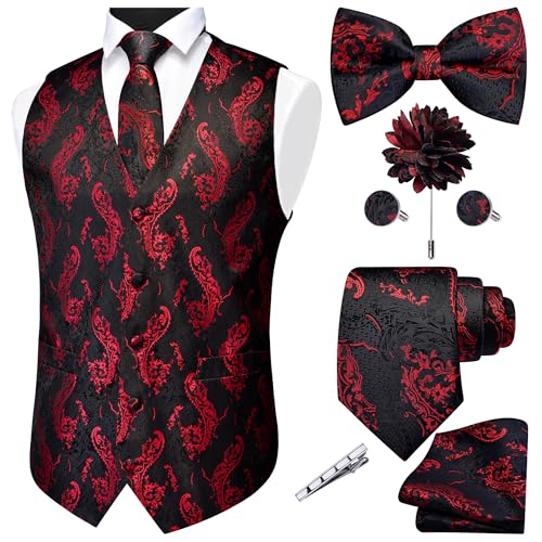 GUSLESON Red Black Vest for Men Tie and Bow Tie Set Formal Waistcoat Paisley Floral Necktie Pocket Square Suit Vests Lapel Pin Wedding Party (0815-09-XXL)