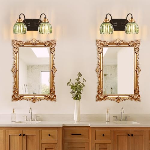 Image of Vintage Gold Bathroom Light Fixtures, 2 Light Green Tulip Crystal | Brushed Gold Vanity Lights, Matte Antique Brass Finish, Mid Century Style, Wall Sconces for Bedroom, Hallway, Easy to Install