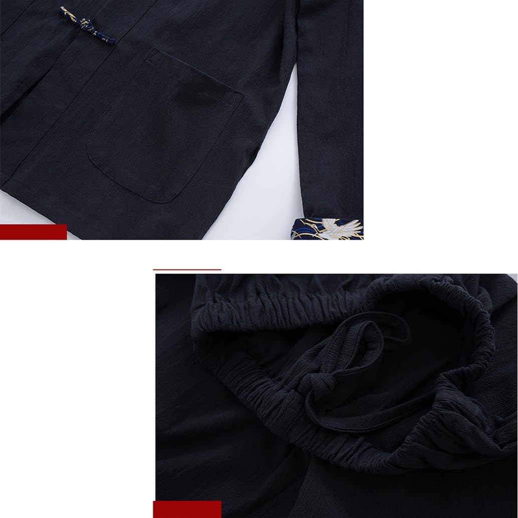 Cotton Linen Tai Chi Uniform Set Tang Suit Chinese Traditional Martial Art Long Sleeved Coat Tops Pants, black-6XL