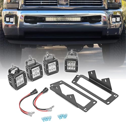 4x 3 Inch 24W Dually LED Fog Light Pods with Quick-Detach Wiring Plug and Fog Lamp Location Mounting Bracket Compatible with Dodge Ram 1500 2500 3500 2009-2019