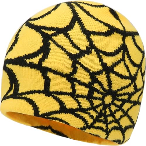 Lynmquober Knitted Beanie Hat Spider Web Skull Cap for Women Men Yellow Black