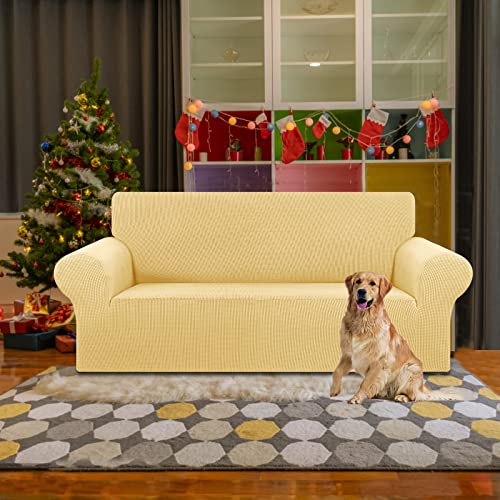 KEKUOU Stretch Loveseat Sofa Cover Slipcover,Couch Covers for 2 Cushion Couch Sofa (55"-78") Furniture Protector Sofa with Elastic Bottom for Kids,Dog. Jacquard Small Checked(Medium,Champagne)