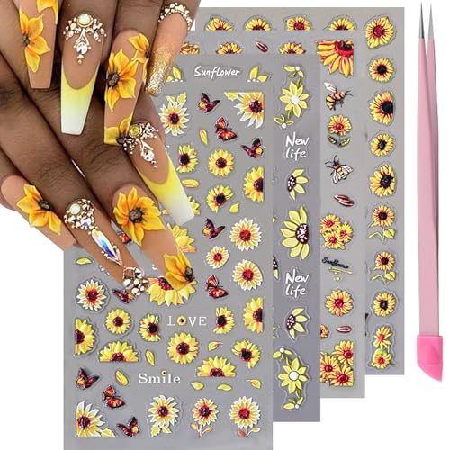 VOTACOS 4 Sheets 5D Flower Nail Art Stickers Embossed Nail Decals Autumn Nails Art Design 3D Self-Adhesive Sunflowers Yellow Flower Nails Stickers for Women DIY Decoration