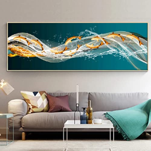 Tableau Abstrait Vague de Poisson Doré pour Créer un Salon Apaisant