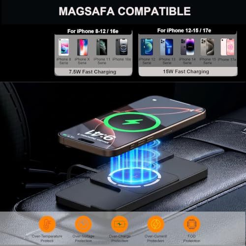 Image of Wireless Charger Car Magnetic Charging pad Fast Wireless Phone Charger Cell Phone Cordless Charging mat Compatible with iPhone 16 /15 /14 /13 /12, Airpods Earbuds(C11MAG)