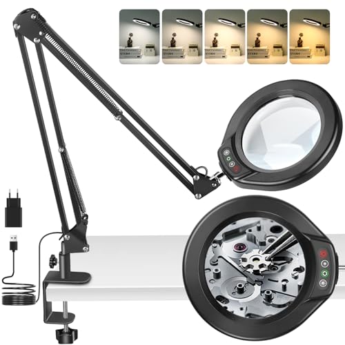 15X Lupe mit Licht und Ständer 5 Zoll optisches Glas Lupenlampe mit 5 Farbmodi dimmbare Lupe mit Klemme LED-Schreibtischlampe für Detailarbeiten Basteln Malen Lesen Reparieren und Nähen