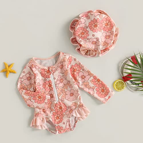 Baby Girls Long Sleeve One Piece Swimsuit Zipper Bathing Suit Toddler Infant Rash Guard Swimwear with Sun Hat Set4