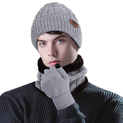 Image of Loritta Winter Hats for Men, 3 PCS Fleece Beanie Scarf Gloves Set