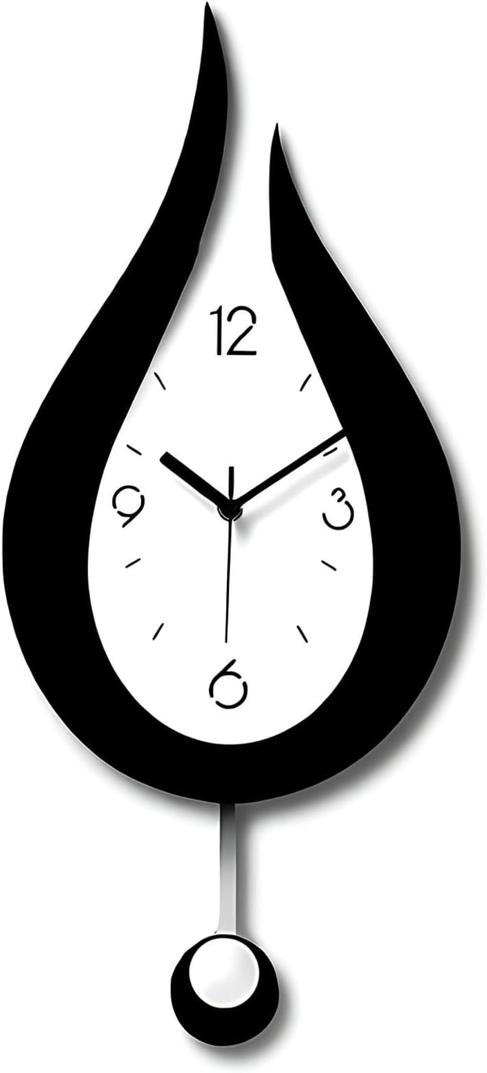 Pendulum Wall Clock In Water Drop Design, Black And White Modern Style, 9.4 X 20.5 In, Silent Mechanism For Bedroom And Office