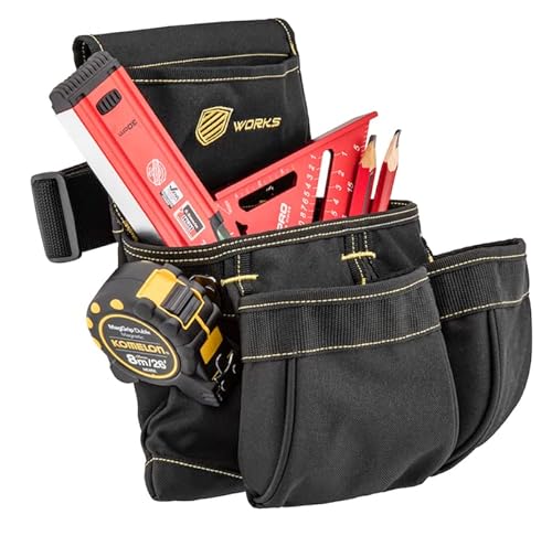Works Heavy Duty 5 Pocket Single Side Carpenter Tool Belt Pouch/Work Apron With Metal Tape Measure Clip And Hammer Loop | Adjustable Belt For Custom Fit | Black #TOP2