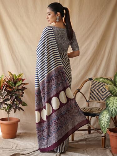 Image of AKHILAM Women's Pure Crepe Striped Printed Saree With Unstitched Blouse Piece