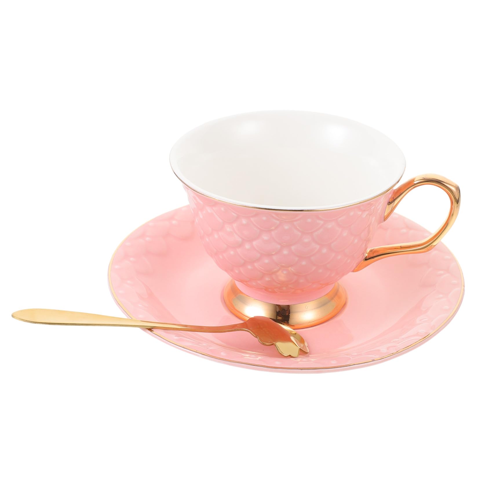 Taza de Café con Platillo de Cerámica, Juego de 1 Pieza Rosa | Incluye Cuchara, Estilo Europeo Sencillo, Líneas Decorativas y Uso Versátil para Café, Té, Leche o Chocolate