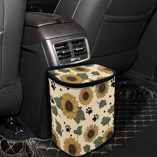 Image of Talayituse Sunflower Paw Leaves Print Car Trash Can with Adjustable Straps, Car Trash Bag Bin Car Garbage Bag Thanksgiving Decor Multipurpose Storage Box for Vehicle Travel Camping Picnicing