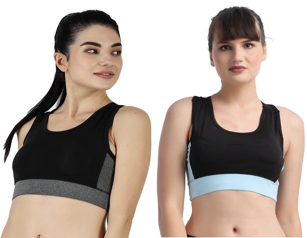 Polyester Blend Wireless Padded Sports Bra for Yoga, Running, Fitness & Gym Pack of 2 (Black & Sky Blue, L)-image-12