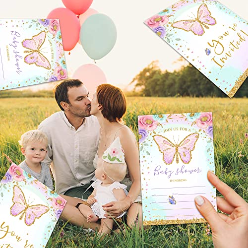 Baby Shower Party Invitation, Gold Butterfly Baby Shower Invitations For Girls, Watercolor Baby Shower Fill-In Invites, Garden Tea Theme Gender Reveal Party Decorations, Set Of 25 Cards With 25 Envelopes (A03) #TOP2