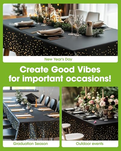 Image of Pureegg Plastic Table Cloth Disposable 8 Pack, 54 x 108 Inch Table Cloths, Graduation Decorations Class of 2026, Graduation Tablecloths, Rectangle, Plastic Cover, Leakproof & Sturdy, Black and Gold