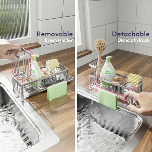 SWTYMIKI Sponge Holder for Kitchen Sink - Sink Caddy with Brush Holder Self-draining Sponge Caddy Organizer with Divider Stainless Steel Kitchen Accessories Storage for Countertop, Sand Nickel by SWTYMIKI - Image 3