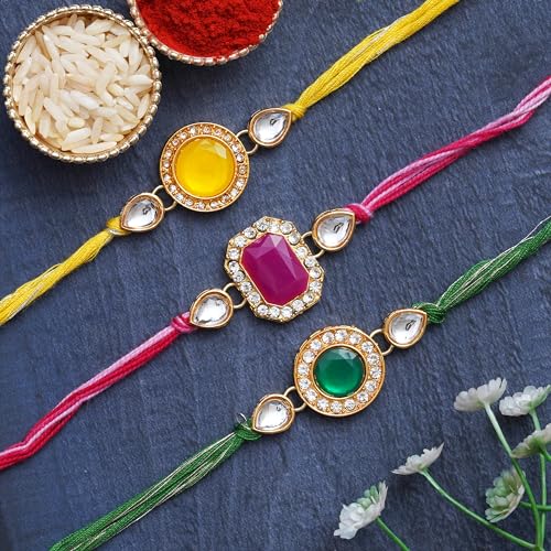 Image of eCraftIndia Set of 3 Pink, Green, and Yellow Kundan Diamond Designer Rakhis, Best Bro Ever Fridge Magnet with Roli Chawal Pack - Rakhis for Brother, Bhabhi, Kids