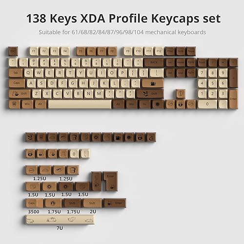 Image of Owpkeenthy Retro XDA Keycaps, PBT 138 Keys Brown Keycap Set for Cherry MX Covers Fullsize 60% 65% 75% Keyboard （XDA Coffee Cat）