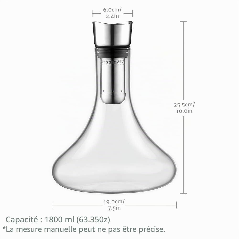 glastal Carafe à décanter en verre Cristal avec aérateur intégré Aération et filtrage, Verser sans couler 1800ml / 63.3oz (Full Capacité)