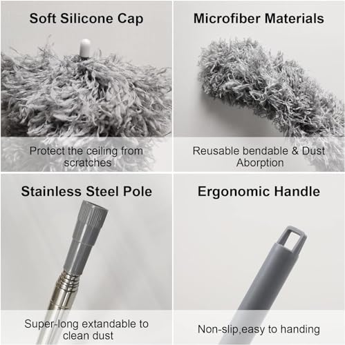Image of 3 in 1 Microfiber Feather Duster 4PCS Set - Extendable Pole up to 100 Inches, Bendable & Washable Cleaning Brush for High Ceiling Fans, Cobwebs, Furniture & Home Dusting