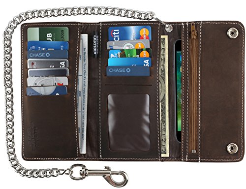 Image of RFID Blocking Men's Tri-fold Vintage Long Style cow Leather With Chain card holder Wallet,MADE IN USA