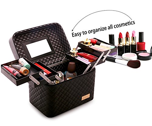 Image of Sooyee Makeup Bag Cosmetic Bag with Mirror, 4 Layer Foldable Tray Makeup Organizer Open to the Sides, Makeup Travel Bag for Women, Train Case, Black