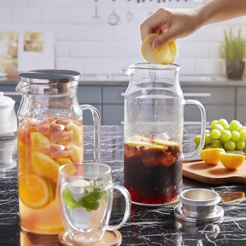 Image of Bivvclaz 2 Liter 68 oz Glass Pitcher with Lid and Handle, Glass Carafe for Hot /Cold Water, Large Iced Tea Pitcher for Coffee, Juice and Homemade Beverage