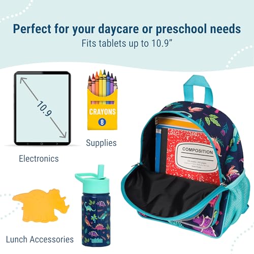 Image of Wildkin 12 Inch Toddler Backpack for Kids, Dino Pals | Ages 3-7, insulated front pocket - coordinates with matching Wildkin nap mats and water bottles
