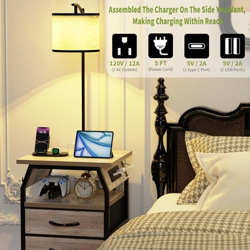 Image of runjuly Floor Lamp with Table Set 2, End Table with Light & Charging Greige