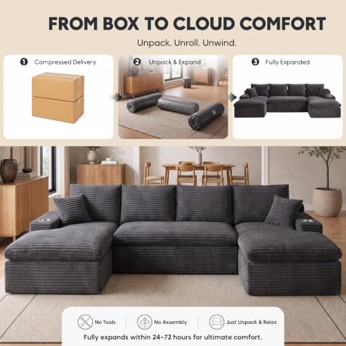 Image of 120 inch Modular Sectional Sofa, U-Shape Boneless Couch, Dark Grey