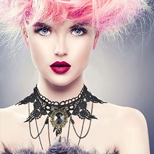 LOLIAS Halloween Necklaces Choker Bracelet Earrings Set for Women Wristband Black Lace Lolita Vampire Choker Necklace Gothic Vintage Victorian Necklace Earrings Halloween Costume Jewelry Set