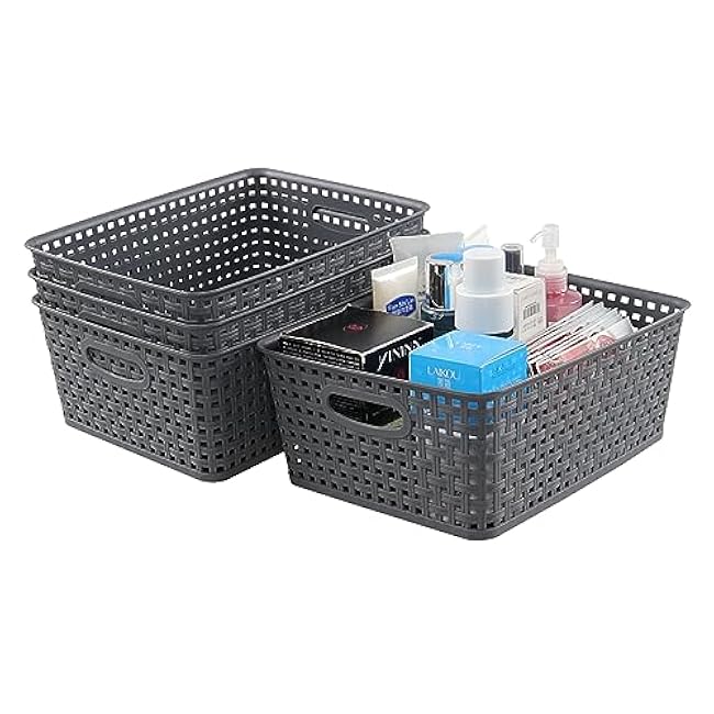 Readsky Plastic Woven Storage Basket with Handle, Gray, 4 Packs