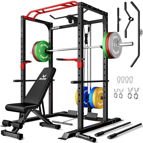 Image of JELENS S11 Power Cage, 2000LB Multi-Function Power Rack with LAT Pulldown, Squat Rack with Adjustable Pulley System and Training Attachments, Weight Rack for Home Gym