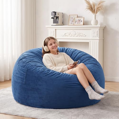 Image of Kromax Bean Bag Chair with Filling Included, Large 4FT Comfy Bean Bag Chairs for Adults, Teens, Memory Foam, Machine Washable Thick Dutch Velvet Cover, for Living Room, Den, or Bedroom, Blue