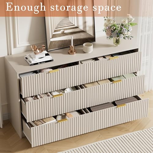 Image of Furniway 3 Piece Bedroom Set, 6 Drawer Dresser and Nightstand Set of 2 with Gold Handles, Modern Wood Chest of Drawers Storage Cabinet for Bedroom, Beige