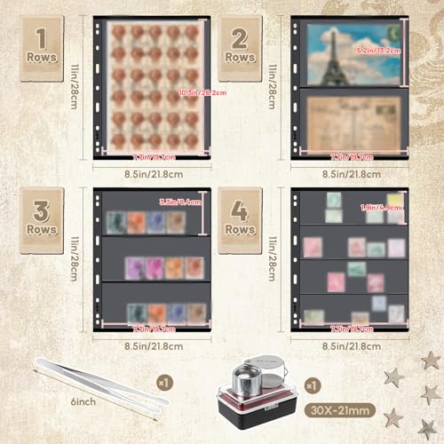 Image of Stamp Collecting Album Binder Kit for Collectors, 1 /2 /3 /4 Rows Banknotes Storage Book with 20 Stamp Pages, 4 Ring Binder, Tweezers and Magnifier, for Paper Money Bill Postage, Beginner Hobbyists Gift